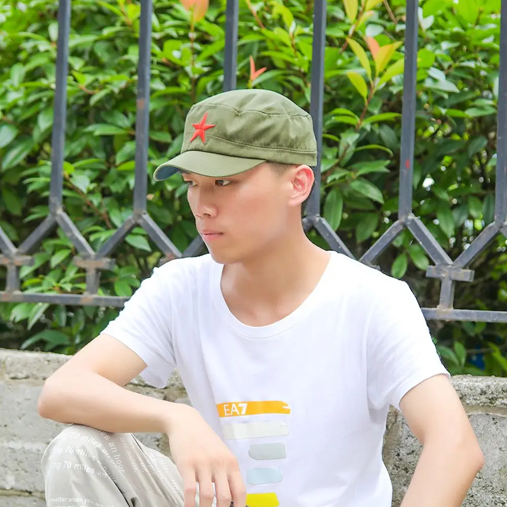 Unisex Cotton Men Cap Spring Summer Beach Outdoor Street Street Cool Church Sunhat Flat Top Hat With Red Star Dropshipping