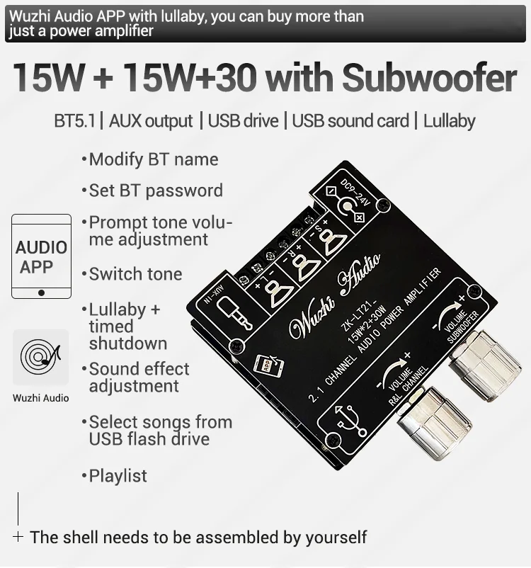 Mini Bluetooth 5.1 DC 9-24V Audio Digital Power Amplifier Board Module 2.1 Channel 2.0 Stereo Dual Channel 30W*2 15W*2+30W