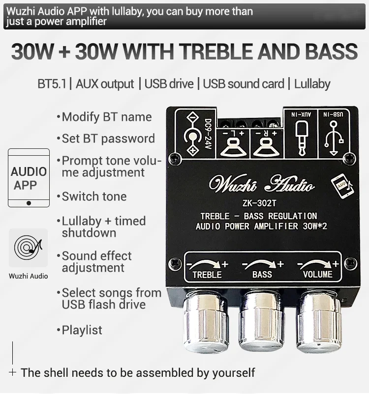 Mini Bluetooth 5.1 DC 9-24V Audio Digital Power Amplifier Board Module 2.1 Channel 2.0 Stereo Dual Channel 30W*2 15W*2+30W