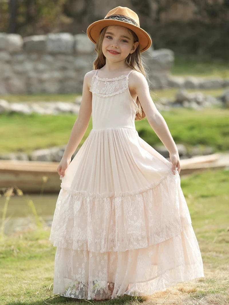 Summer Girls Lace Cotton Bohemia Long Dresses Baby Kids Flower Wedding Princess Party Dress Vestidos Costume Children Clothing