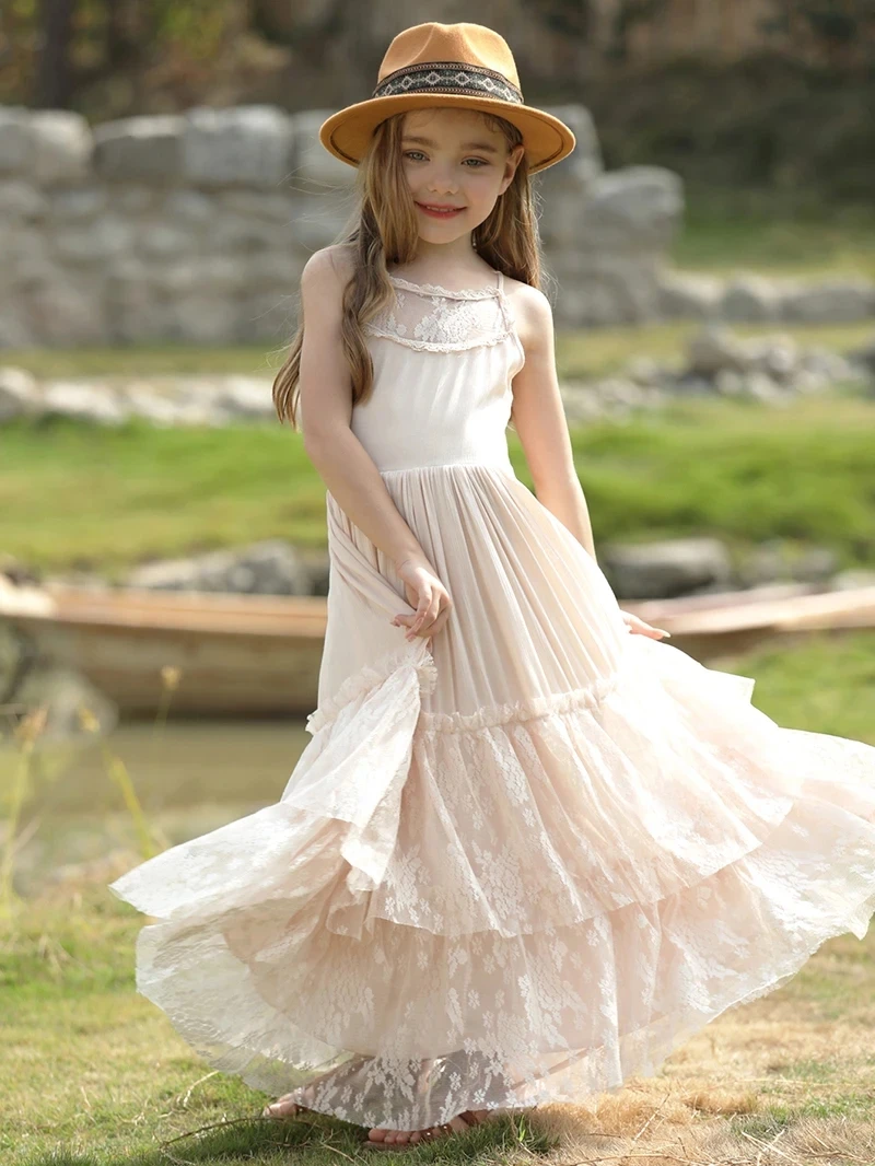 Summer Girls Lace Cotton Bohemia Long Dresses Baby Kids Flower Wedding Princess Party Dress Vestidos Costume Children Clothing