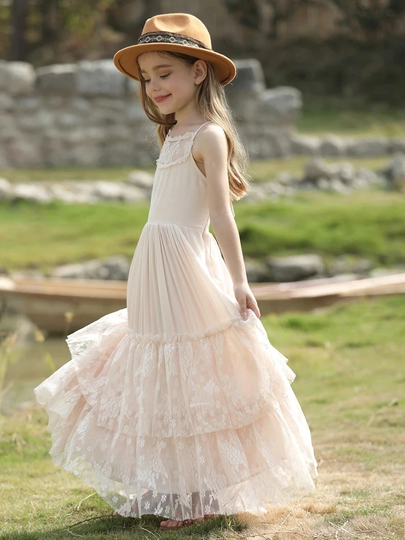 Summer Girls Lace Cotton Bohemia Long Dresses Baby Kids Flower Wedding Princess Party Dress Vestidos Costume Children Clothing