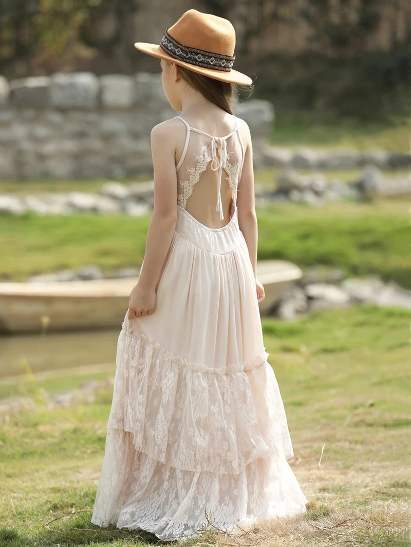 Summer Girls Lace Cotton Bohemia Long Dresses Baby Kids Flower Wedding Princess Party Dress Vestidos Costume Children Clothing