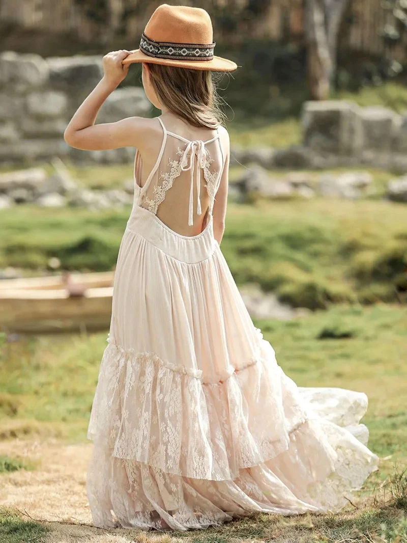 Summer Girls Lace Cotton Bohemia Long Dresses Baby Kids Flower Wedding Princess Party Dress Vestidos Costume Children Clothing