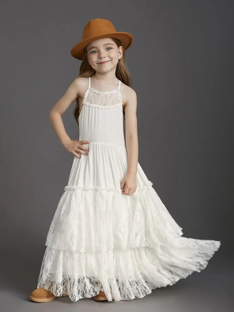 Summer Girls Lace Cotton Bohemia Long Dresses Baby Kids Flower Wedding Princess Party Dress Vestidos Costume Children Clothing