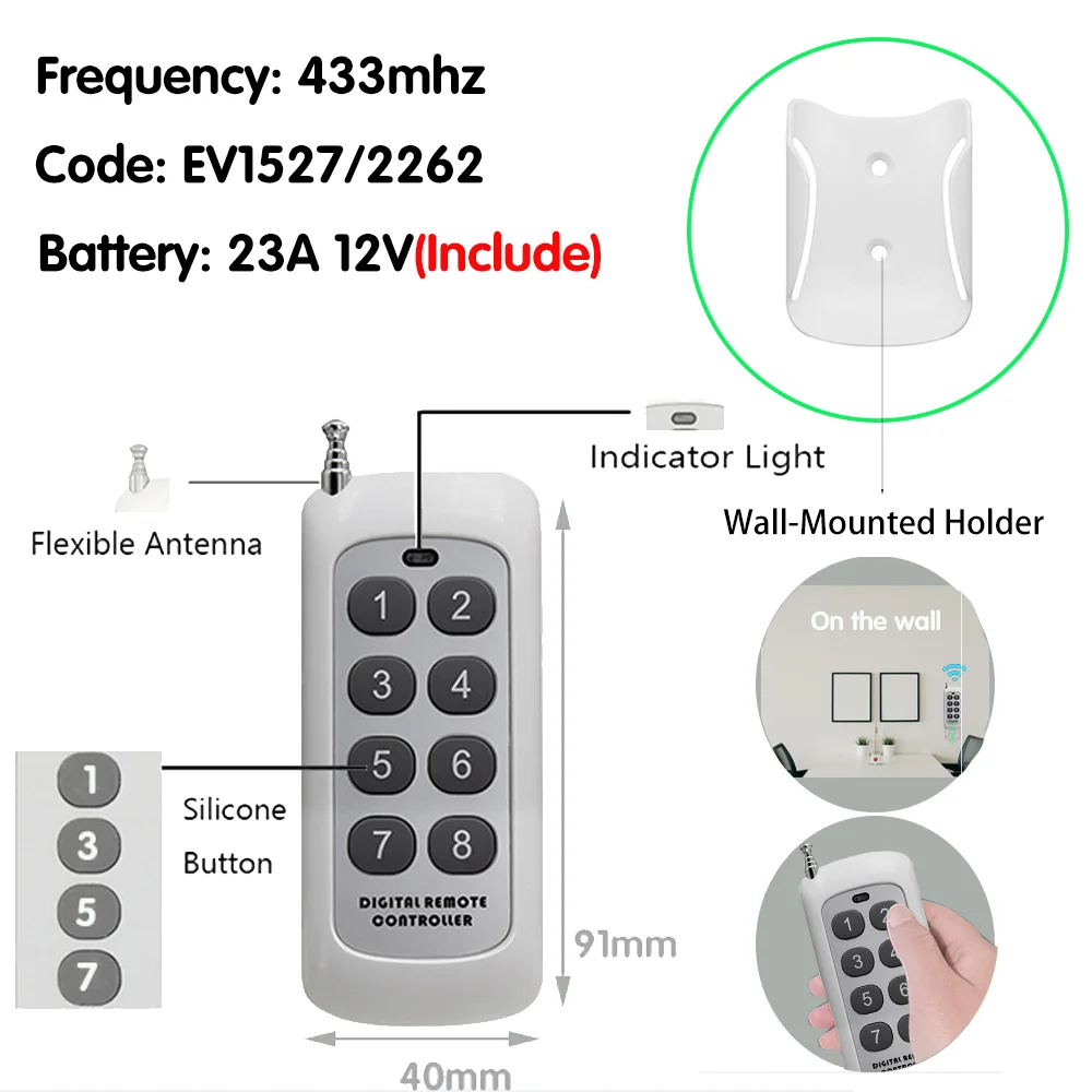 433Mhz Remote Control Learning Code 1527 RF Module Wireless 2/4/6/8 Button Antenna Reach 1000m Long Range Door Opener no clone