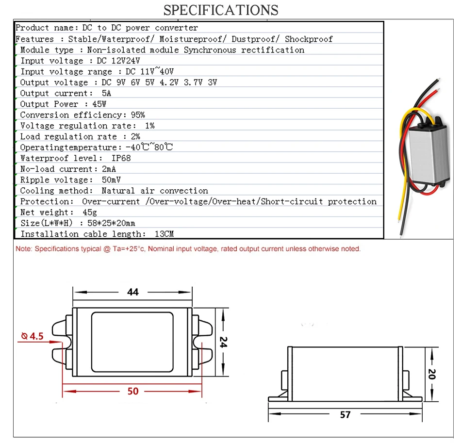 12V24V to 9V 7.5V 6V 5V 4.2V 3.7V 3V 3.3V 5A 12V to 9V 24V to 9V Transformer Step-Down Module DC Power Converter CE RoHS