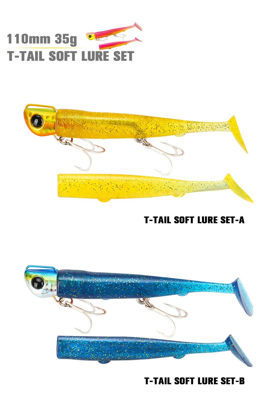 TSURINOYA 110mm 35g Long Casting Jig Head T Tail Soft Lure Set 2pcs Tail Flounder Seabass Fishing Lure Sinking Large Baits