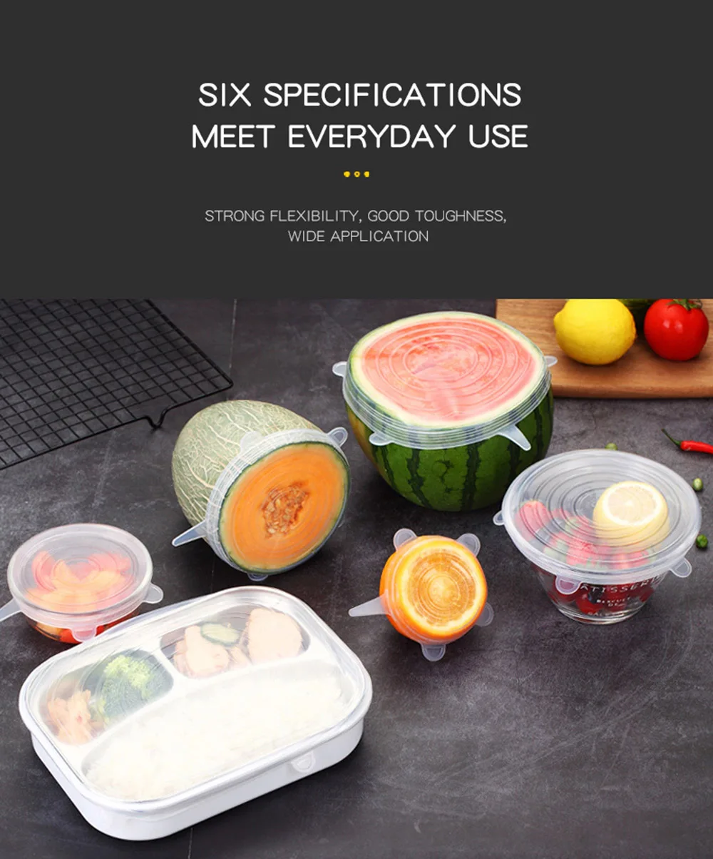 6 PCS Reusable Silicone Covers Caps Adaptable Silicone Lids For Cans Food Dishes Fresh-keeping Kitchen Accessories Utensils