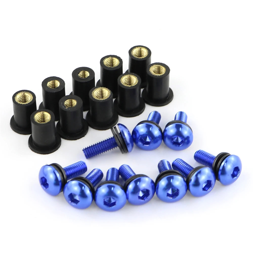10pcs/Set Kit Motorcycle M5 16mm Metric Rubber Well Nuts Windscreen Fairing Cowl Anodized Aluminum Moto Screws Bolts