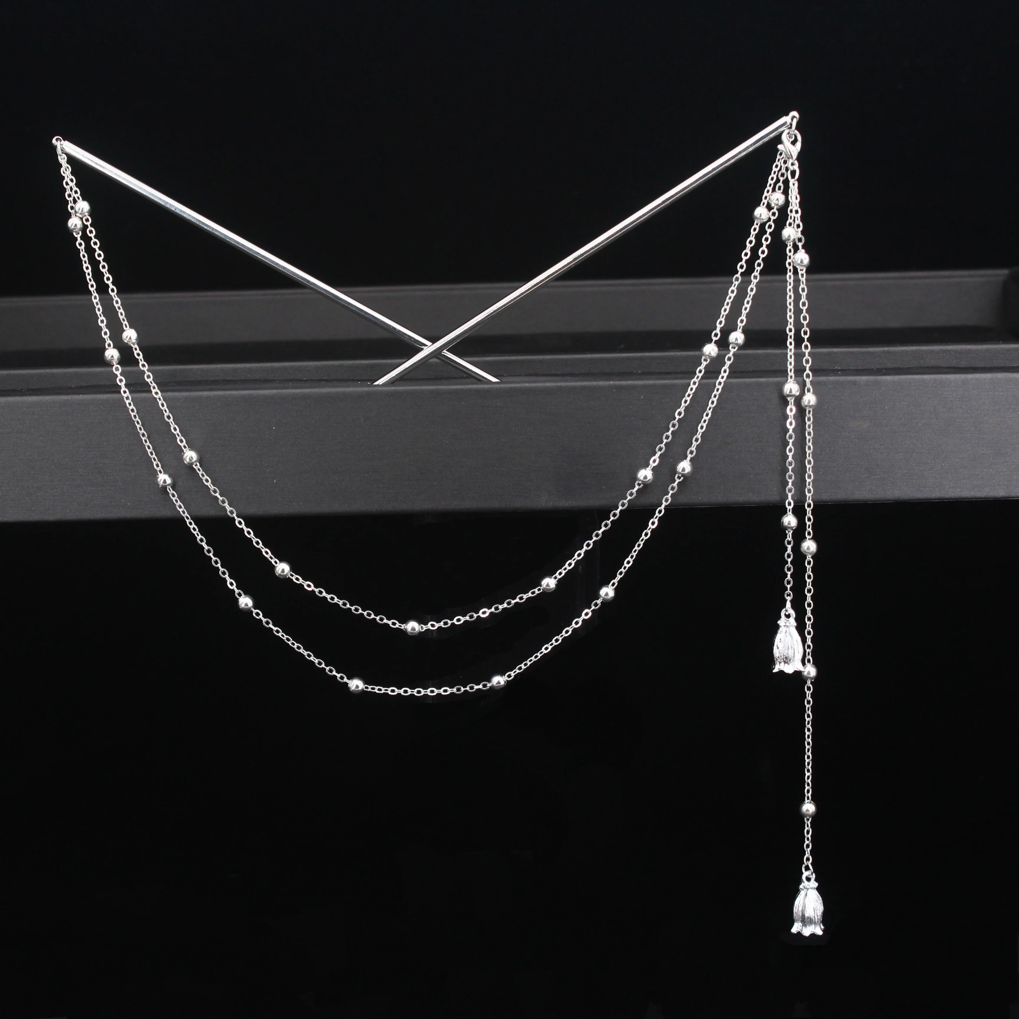 Double Chain Hair Fork Pearl Tassel Hair Stick Nunchaku Hairpin Chinese Style Retro Hair Accessories for Hanfu Tiaras Ornaments