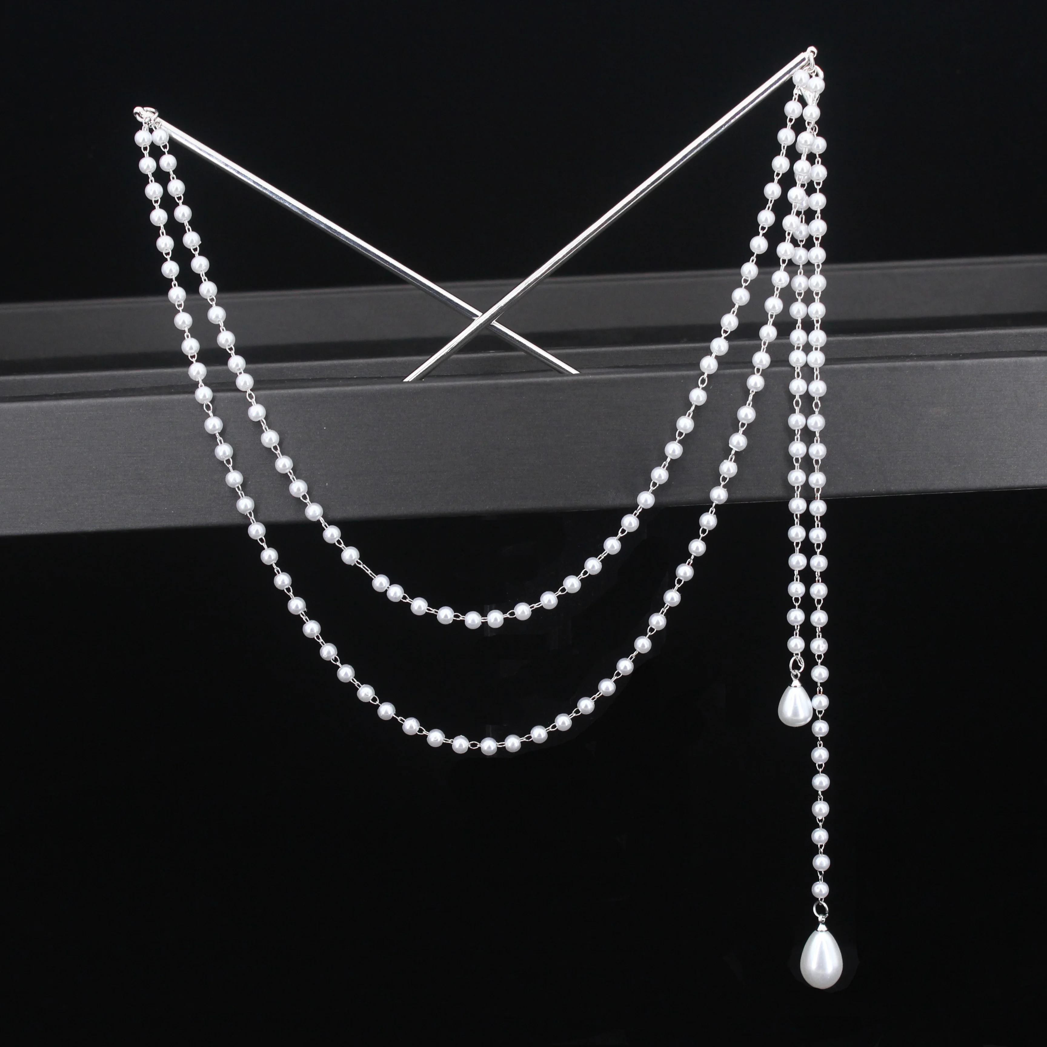 Double Chain Hair Fork Pearl Tassel Hair Stick Nunchaku Hairpin Chinese Style Retro Hair Accessories for Hanfu Tiaras Ornaments