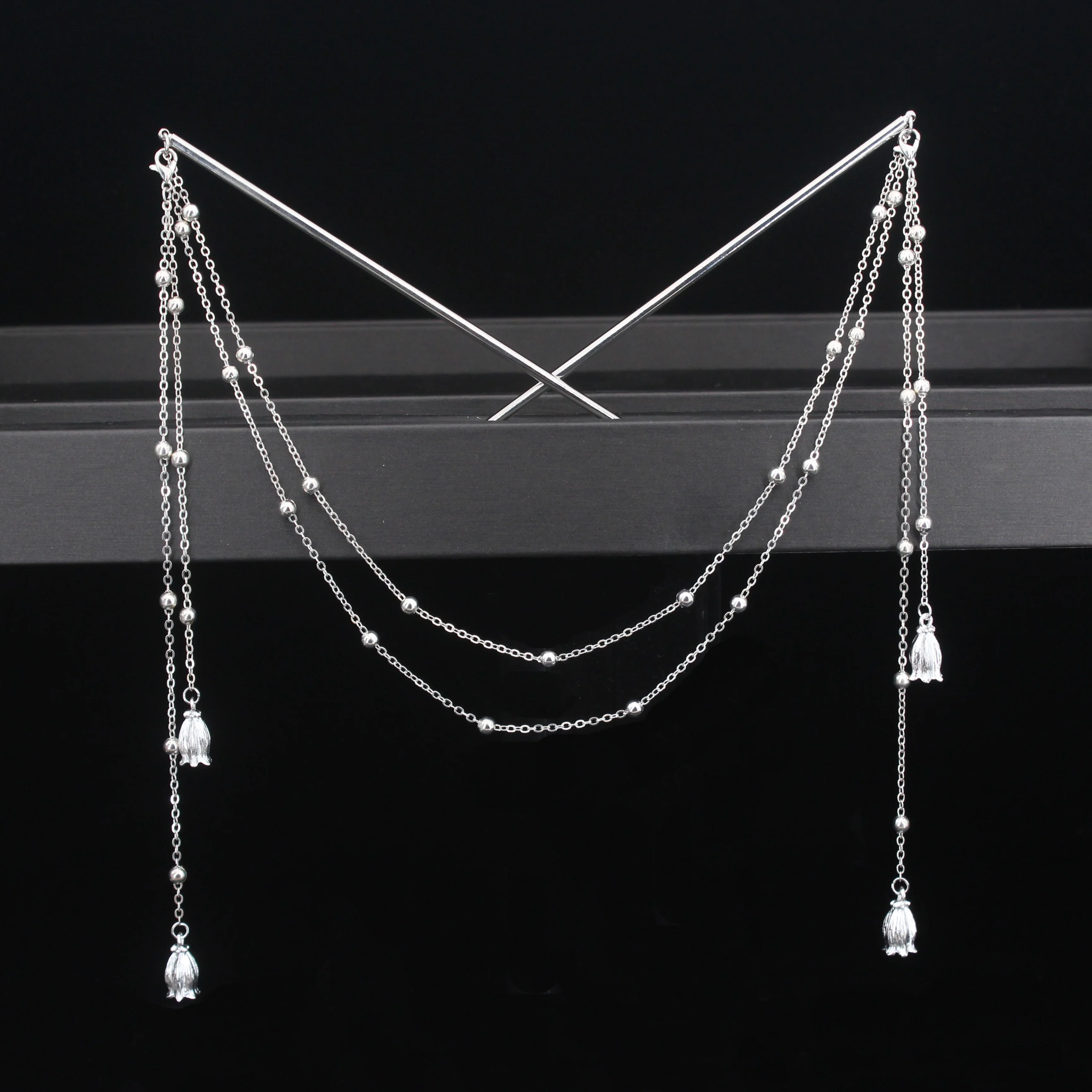 Double Chain Hair Fork Pearl Tassel Hair Stick Nunchaku Hairpin Chinese Style Retro Hair Accessories for Hanfu Tiaras Ornaments