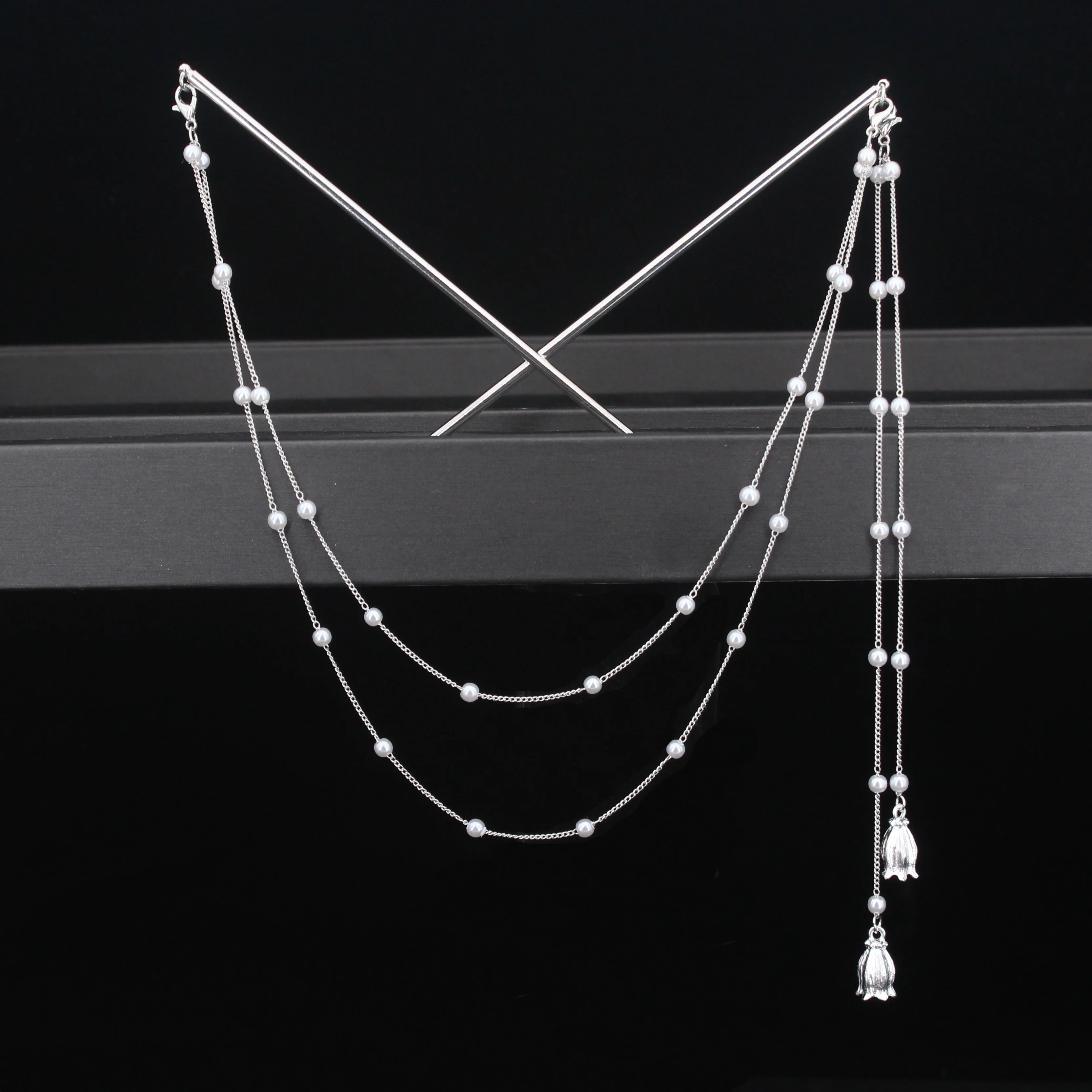 Double Chain Hair Fork Pearl Tassel Hair Stick Nunchaku Hairpin Chinese Style Retro Hair Accessories for Hanfu Tiaras Ornaments
