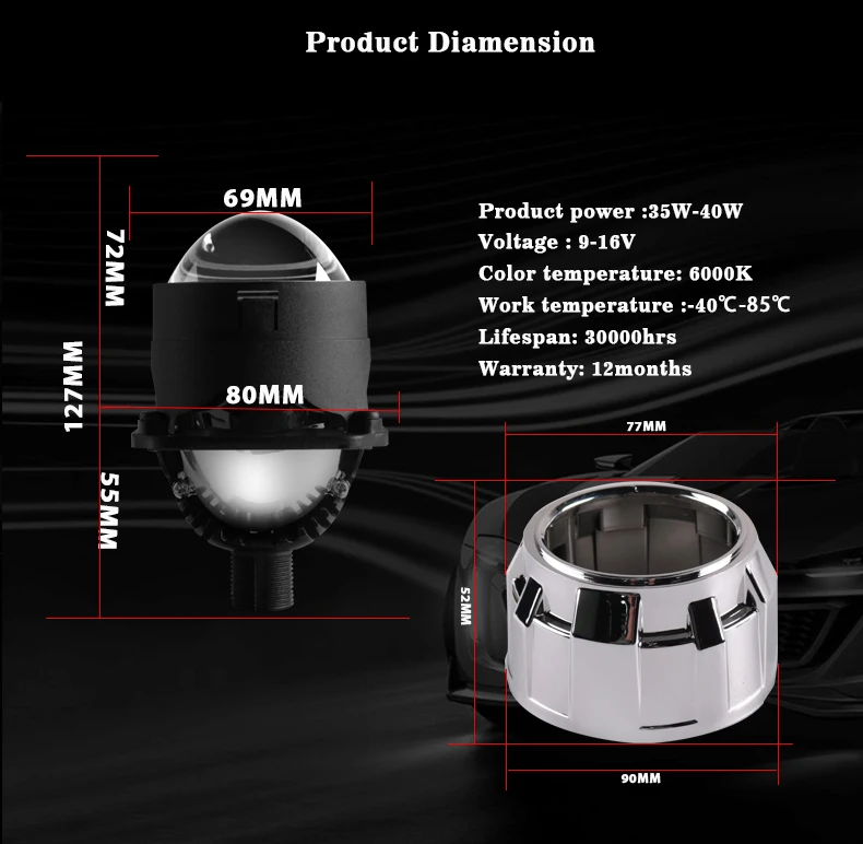 Sanvi S8 2.5 Inch 12V 40W 6000K Car Bi LED Len Projector Galss Headlight Angel Eyes Lens For H4 H7 9005 9006 Headlamp LHD RHD