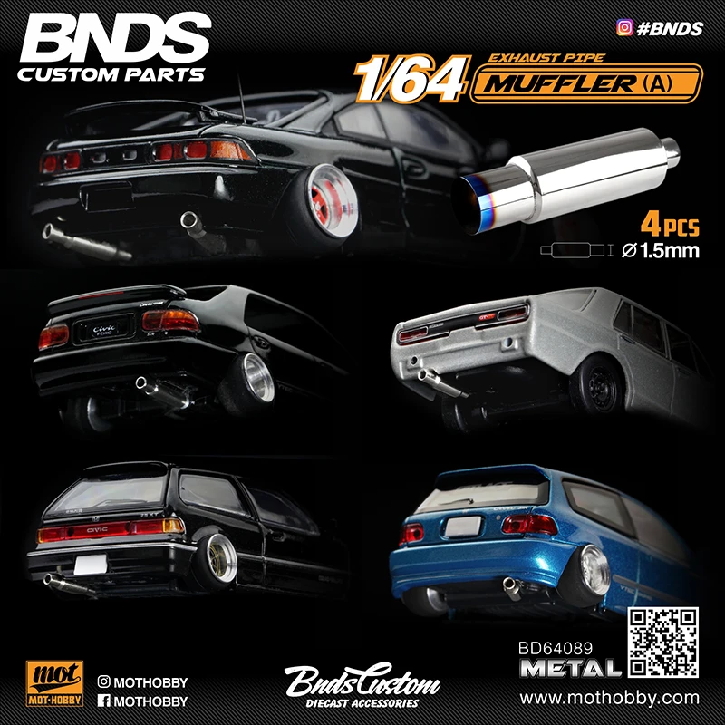 BNDS New 1/64 Metal Modified Parts Small Scale Exhaust Pipe Muffler Racing Style Pedal Set For Model Car Racing Vehicle Toy