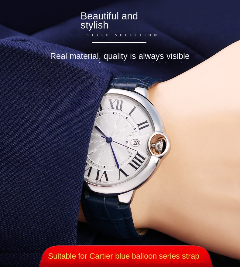 Deep blue Genuine Leather Watchband for Cartier Blue Balloon Convex mouth Belt Women's Strap 14 16 18 20mm Watch Accessories