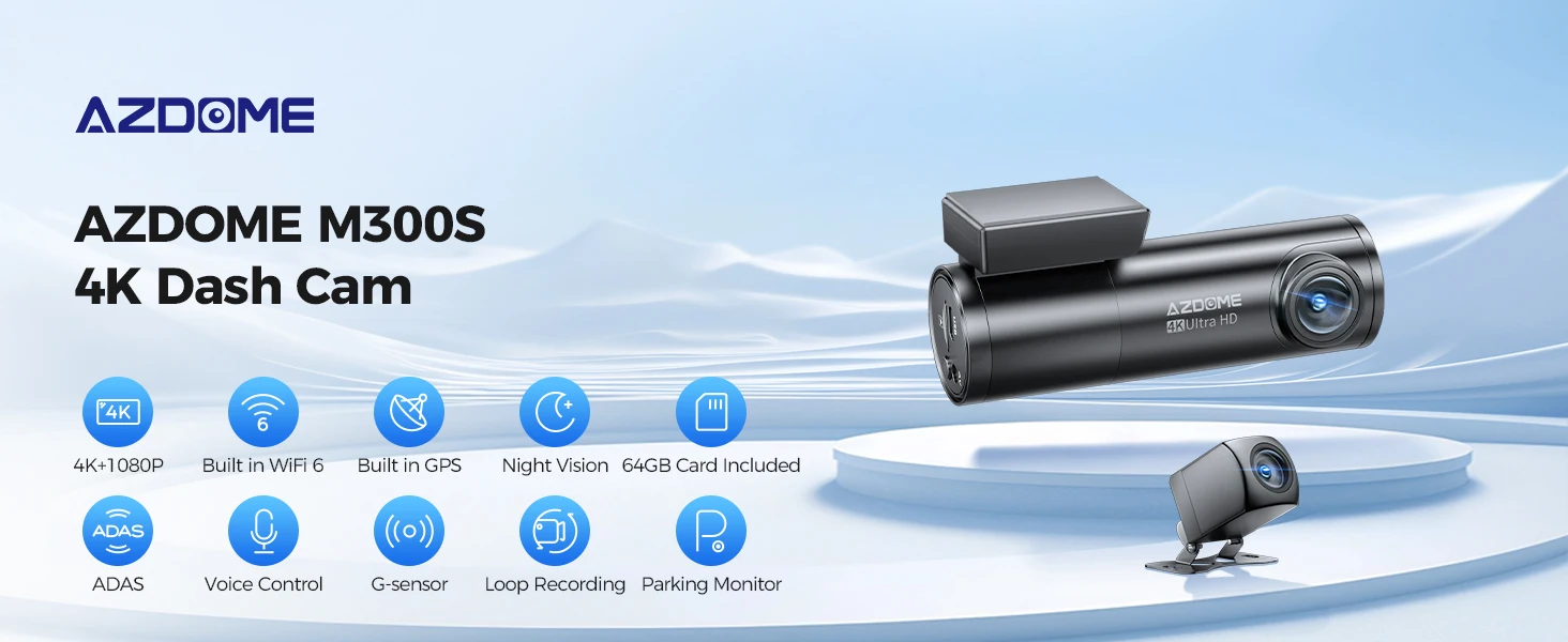 AZDOME M300S Dash Cam 4K+1080P Car Rear Camera Dash Cam 800MP Lens Built-in GPS WIFI Car DVR Voice Control Night Vision 후방카메