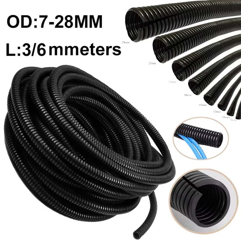 Length 3/6 Meters OD7/10/13/15/18/21/25/28mm Split Wire Loom Conduit Polyethylene Tubing Black Color Sleeve Tube