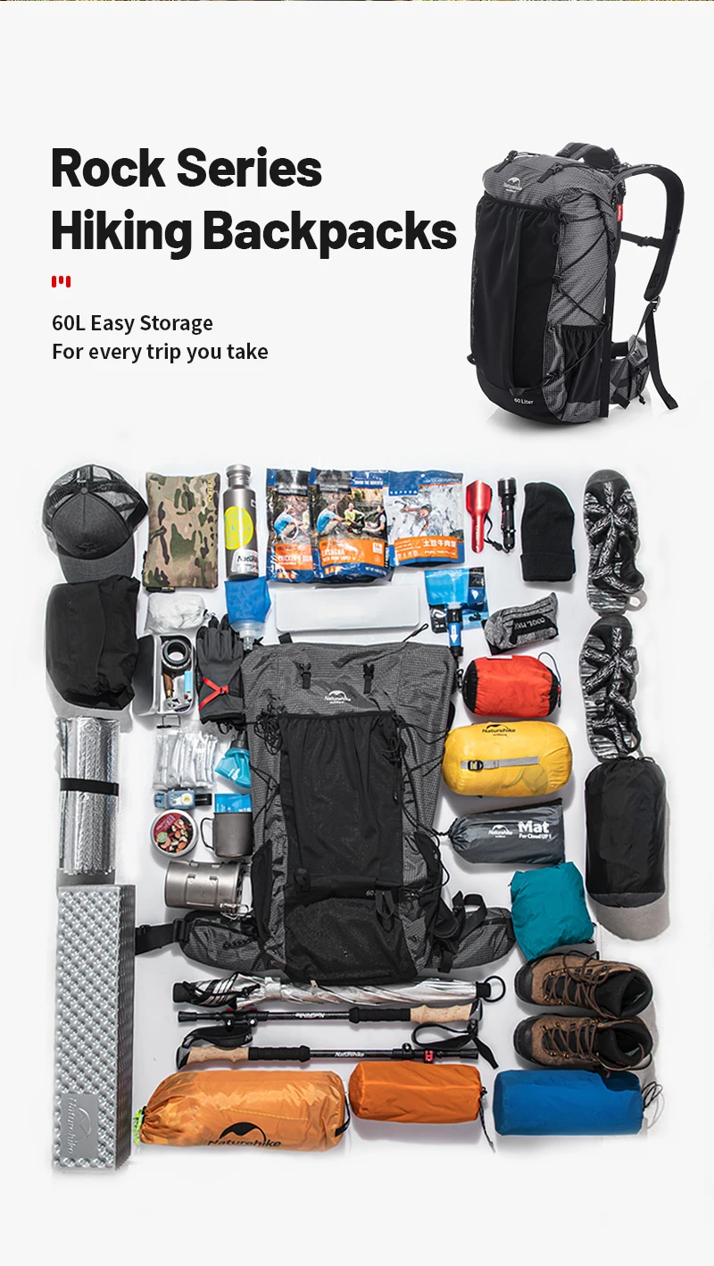 Naturehike Hiking Backpack Outdoor Sports Bag 60+5L Large Capacity Ergonomic Design Backpack Camping Travel Waterproof Bagpack