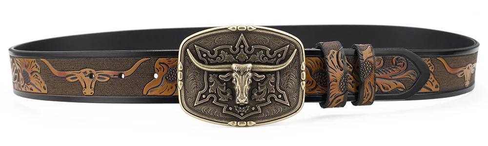 Fashion Men's Belt West Cowboy Genuine Leather Bull Head Buckle