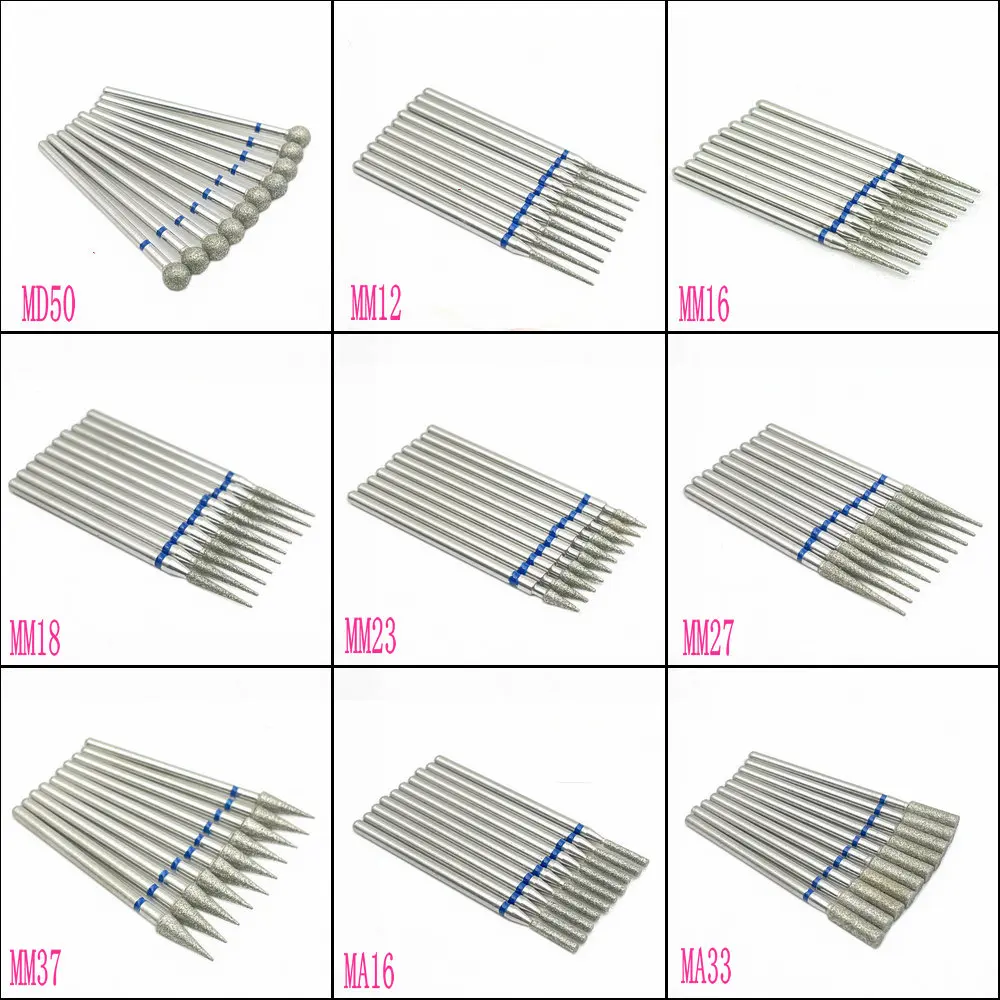 10pcs/set Diamond Grinding Bur Drill Bits Set Dental Grinding Dental Polishing Burs Nail Drill Bits 2.35mm Shank