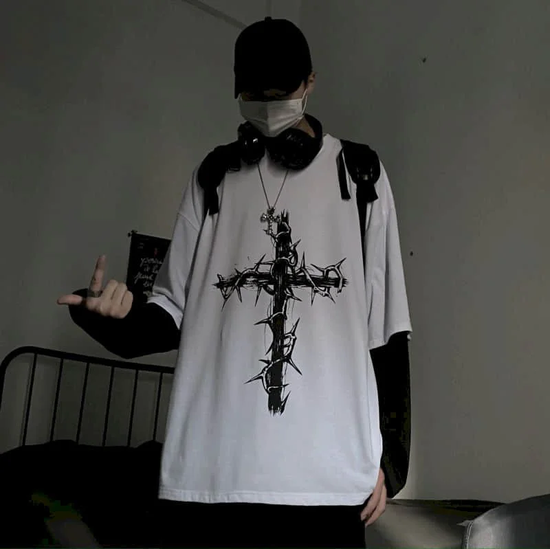 T-Shirt for Men Summer Cross of Thorns Suitcase Men's T-Shirts Long-Sleeved Dark Hip-Hop Men's Oversize T-Shirt Y2K T Shirt Tops