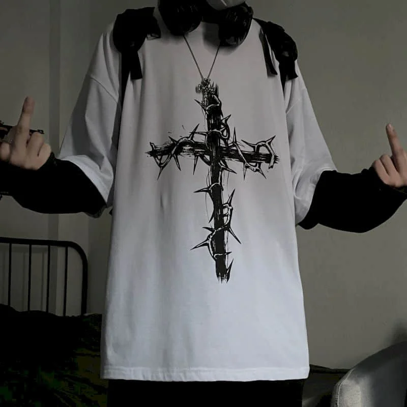 T-Shirt for Men Summer Cross of Thorns Suitcase Men's T-Shirts Long-Sleeved Dark Hip-Hop Men's Oversize T-Shirt Y2K T Shirt Tops