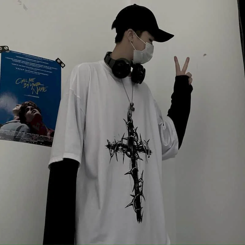 T-Shirt for Men Summer Cross of Thorns Suitcase Men's T-Shirts Long-Sleeved Dark Hip-Hop Men's Oversize T-Shirt Y2K T Shirt Tops