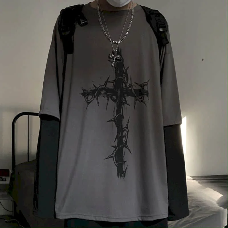 T-Shirt for Men Summer Cross of Thorns Suitcase Men's T-Shirts Long-Sleeved Dark Hip-Hop Men's Oversize T-Shirt Y2K T Shirt Tops