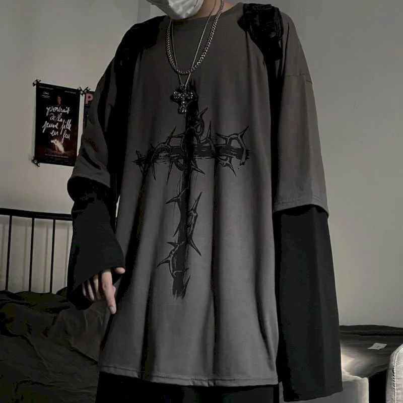 T-Shirt for Men Summer Cross of Thorns Suitcase Men's T-Shirts Long-Sleeved Dark Hip-Hop Men's Oversize T-Shirt Y2K T Shirt Tops