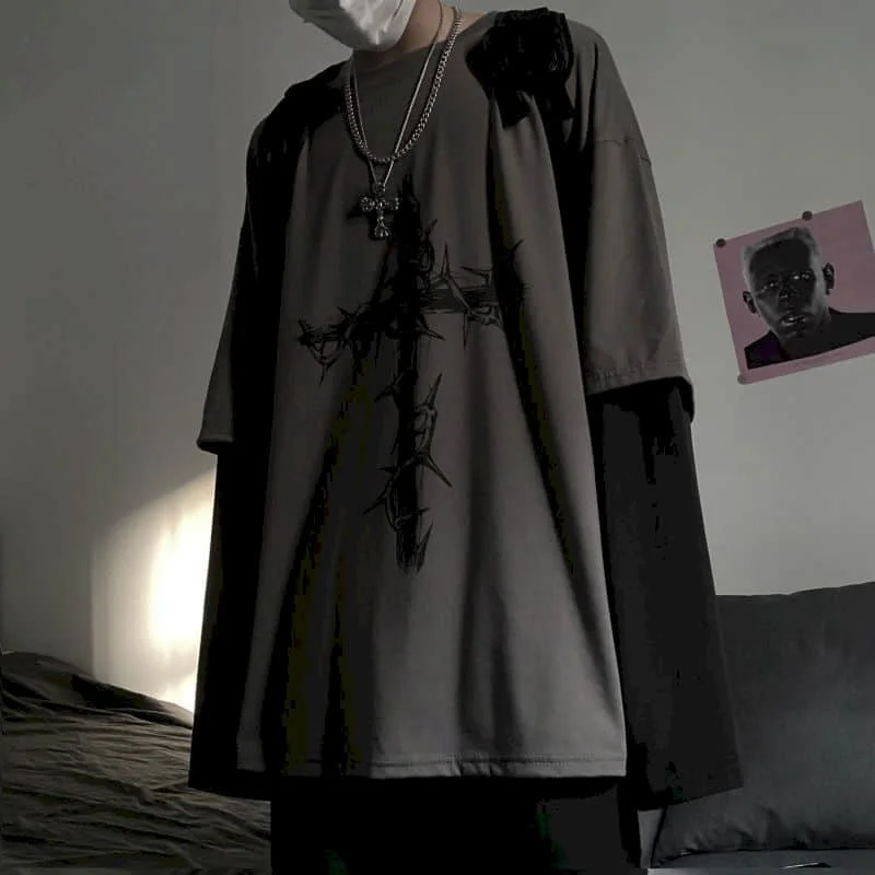 T-Shirt for Men Summer Cross of Thorns Suitcase Men's T-Shirts Long-Sleeved Dark Hip-Hop Men's Oversize T-Shirt Y2K T Shirt Tops