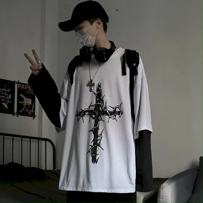 T-Shirt for Men Summer Cross of Thorns Suitcase Men's T-Shirts Long-Sleeved Dark Hip-Hop Men's Oversize T-Shirt Y2K T Shirt Tops