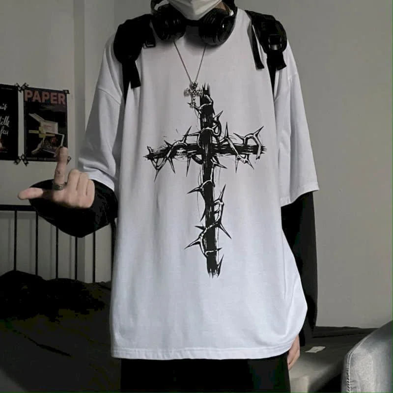 T-Shirt for Men Summer Cross of Thorns Suitcase Men's T-Shirts Long-Sleeved Dark Hip-Hop Men's Oversize T-Shirt Y2K T Shirt Tops