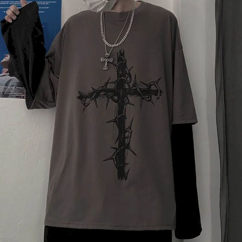 T-Shirt for Men Summer Cross of Thorns Suitcase Men's T-Shirts Long-Sleeved Dark Hip-Hop Men's Oversize T-Shirt Y2K T Shirt Tops