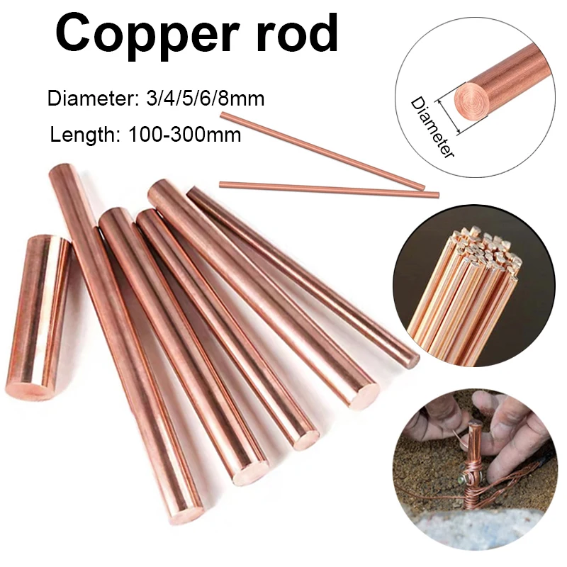 1pcs Copper Rod of Various Sizes, Red Metal Diameter Copper Round Bar Metal Processing 3/4/5/6/8mm, Length 100/150/200/250/300mm