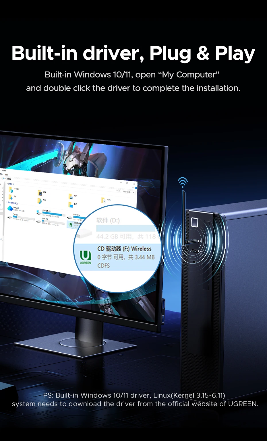 UGREEN WiFi Bluetooth Adapter AX900 BT5.4 5G&2.4G Dual Band WiFi6 Dongle Adapter for Desktop PC Laptop Accessories 6dBi Antenna