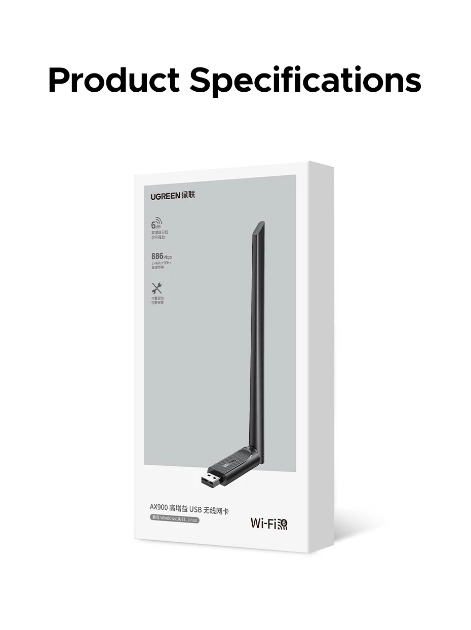UGREEN WiFi Bluetooth Adapter AX900 BT5.4 5G&2.4G Dual Band WiFi6 Dongle Adapter for Desktop PC Laptop Accessories 6dBi Antenna