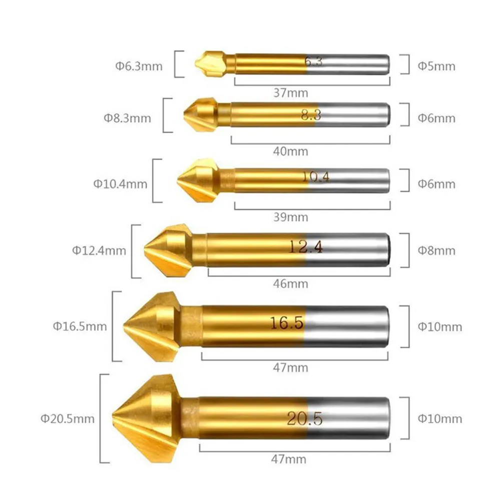 3Flute HSS Countersink Drill Bit 90Degree Countersink Chamfering Tools Drill Bits Chamfer Cutter 6.3/8.3/10.4/12.4/16.5/20.5mm