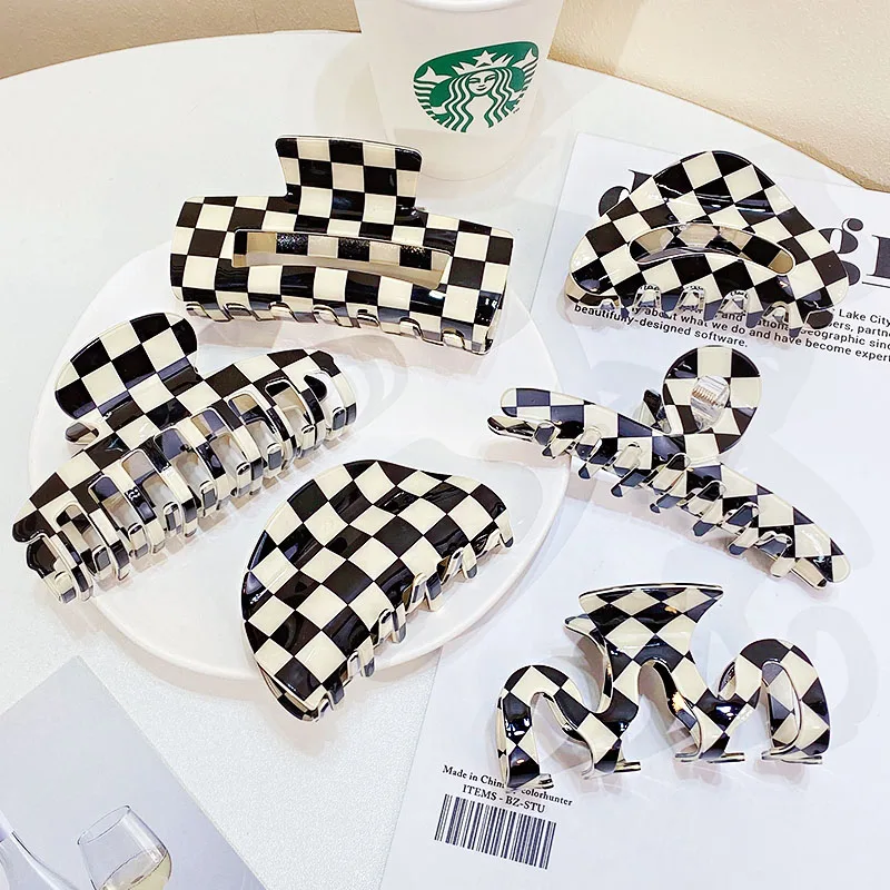 New Women Elegant Checkerboard Acrylic Hair Claw Temperament Geometric Headband Hair Clips Hairpins Fahion Hair Accessories Gift
