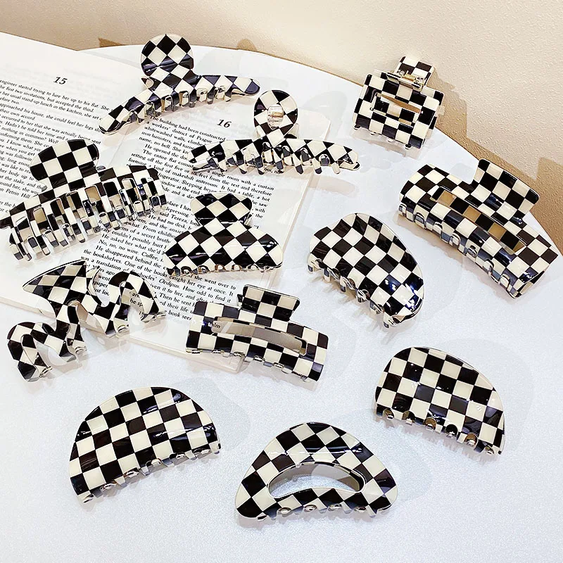 New Women Elegant Checkerboard Acrylic Hair Claw Temperament Geometric Headband Hair Clips Hairpins Fahion Hair Accessories Gift
