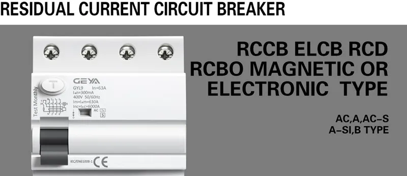 GEYA GYL9 TYPE B RCD RCCB Din Rail Earth Leakage Current Breaker DC 2Pole 40A 63A 30mA 100mA 300mA 6KA Diret Current (6mA)