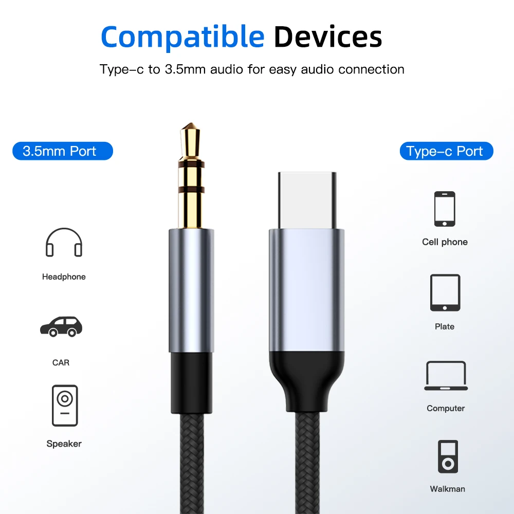 NNBILI USB C to 3.5 MM Jack AUX Cable Type-C Audio Cabel for Car Speaker Headphone Auxiliary Adapter For Huawei Sumsang Xiaomi
