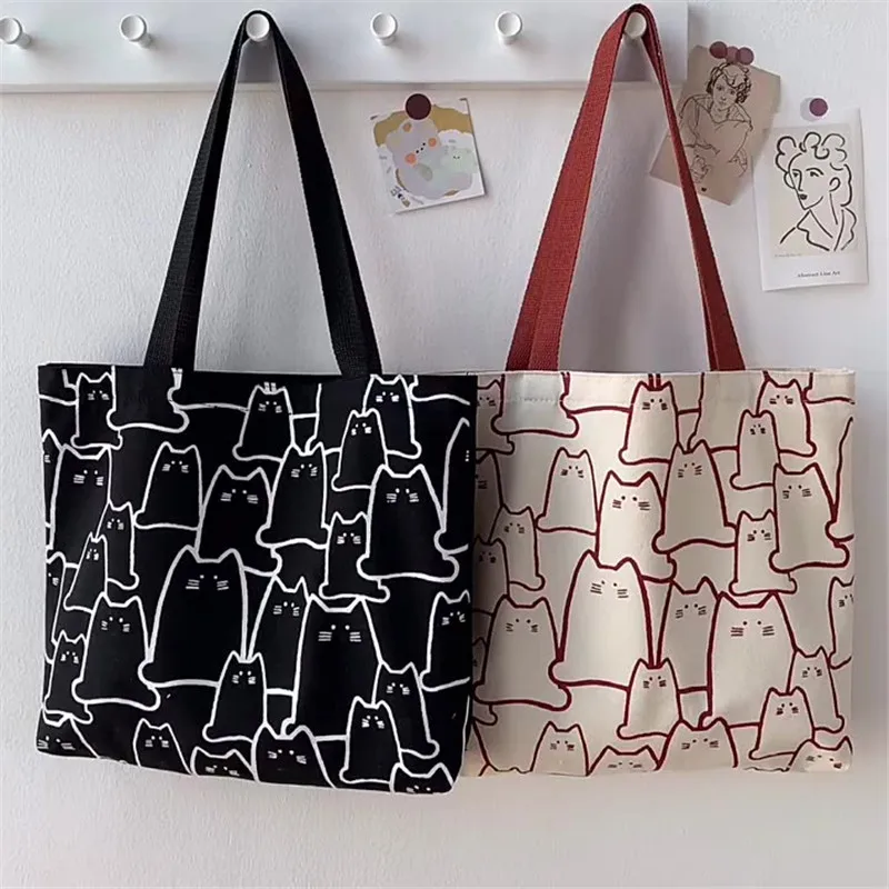 Canvas Handbag For Women 2023 Fashion Cute Cat Tote Messenger Bags With Zipper Designer Bag Ladies Cartoon Shoulder Shopper Bags