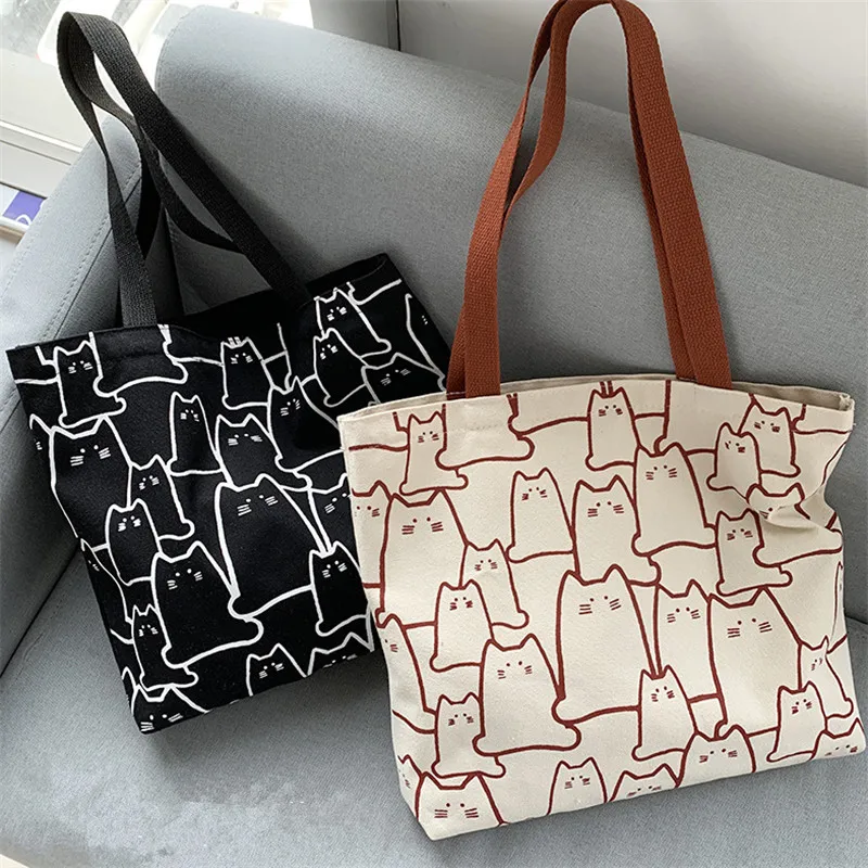 Canvas Handbag For Women 2023 Fashion Cute Cat Tote Messenger Bags With Zipper Designer Bag Ladies Cartoon Shoulder Shopper Bags