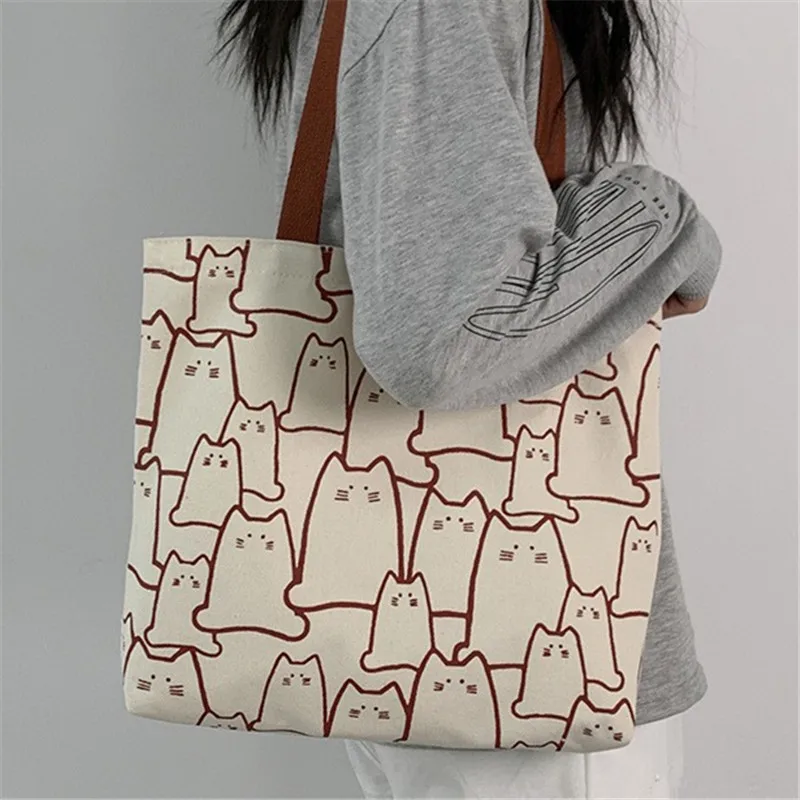 Canvas Handbag For Women 2023 Fashion Cute Cat Tote Messenger Bags With Zipper Designer Bag Ladies Cartoon Shoulder Shopper Bags