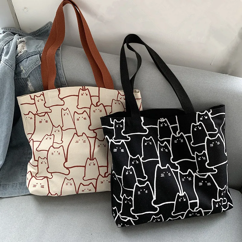 Canvas Handbag For Women 2023 Fashion Cute Cat Tote Messenger Bags With Zipper Designer Bag Ladies Cartoon Shoulder Shopper Bags