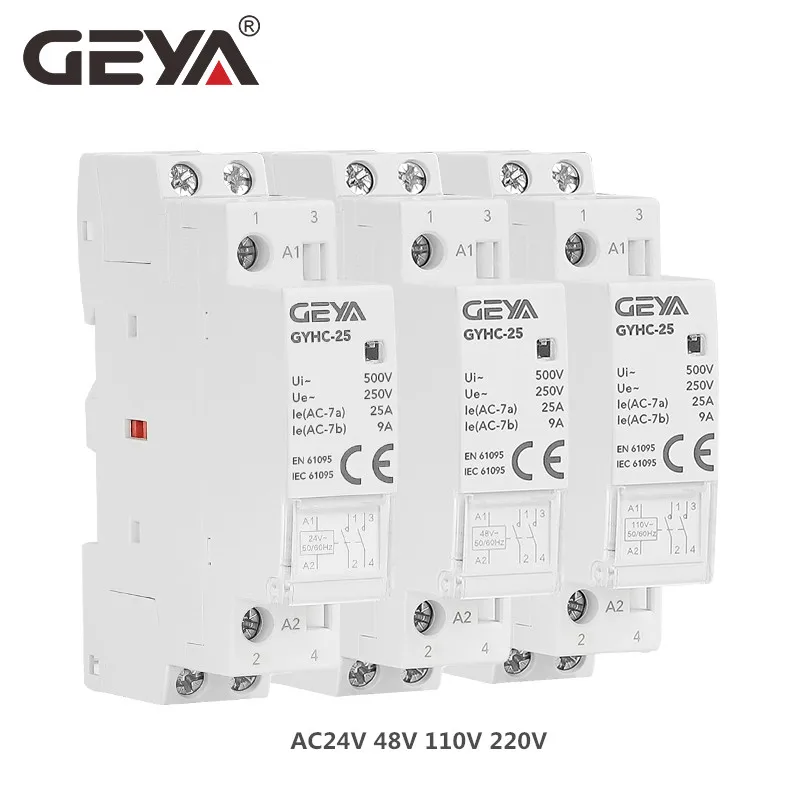 GEYA GYHC Din Rail Household Contactor AC24V 48V 110V 220V 2P 25A 2NC 2NO 1NO1NC 50/60Hz