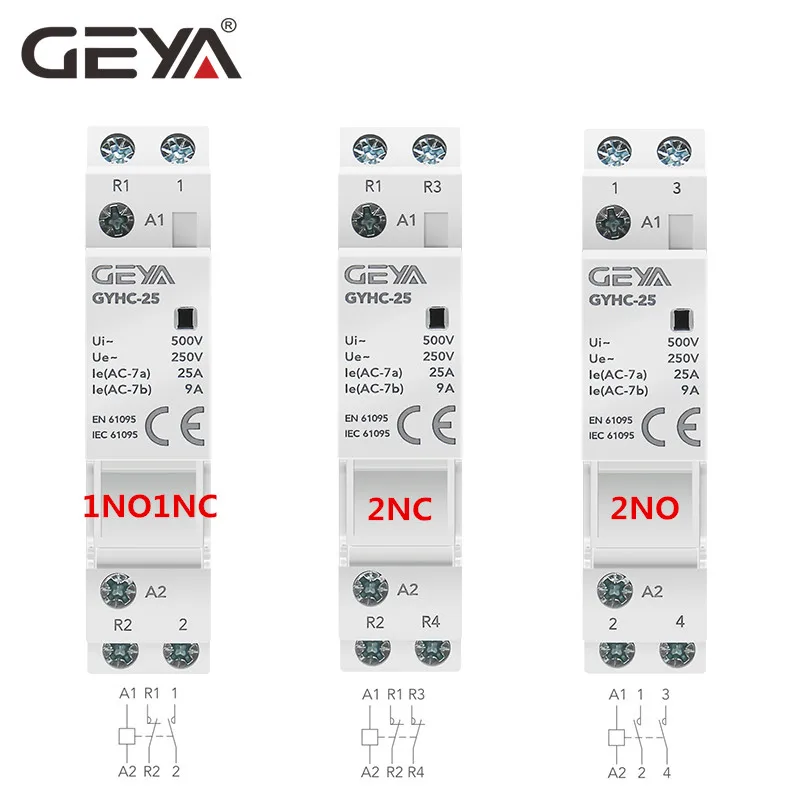 GEYA GYHC Din Rail Household Contactor AC24V 48V 110V 220V 2P 25A 2NC 2NO 1NO1NC 50/60Hz
