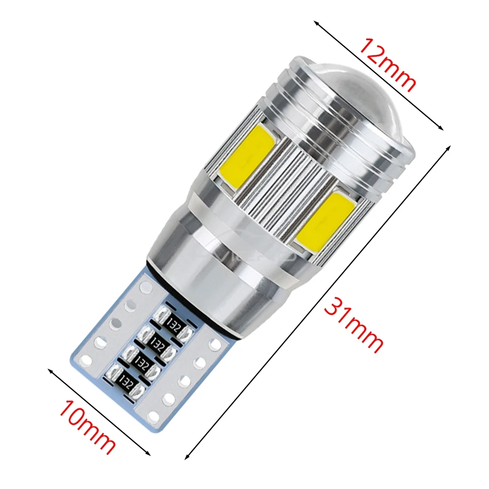 2Pcs T10 W5W Interior Xenon White Blue Yellow LED CANBUS 6SMD 5630 Lens Projector Solid Aluminum Bulbs Side Marker Parking Light